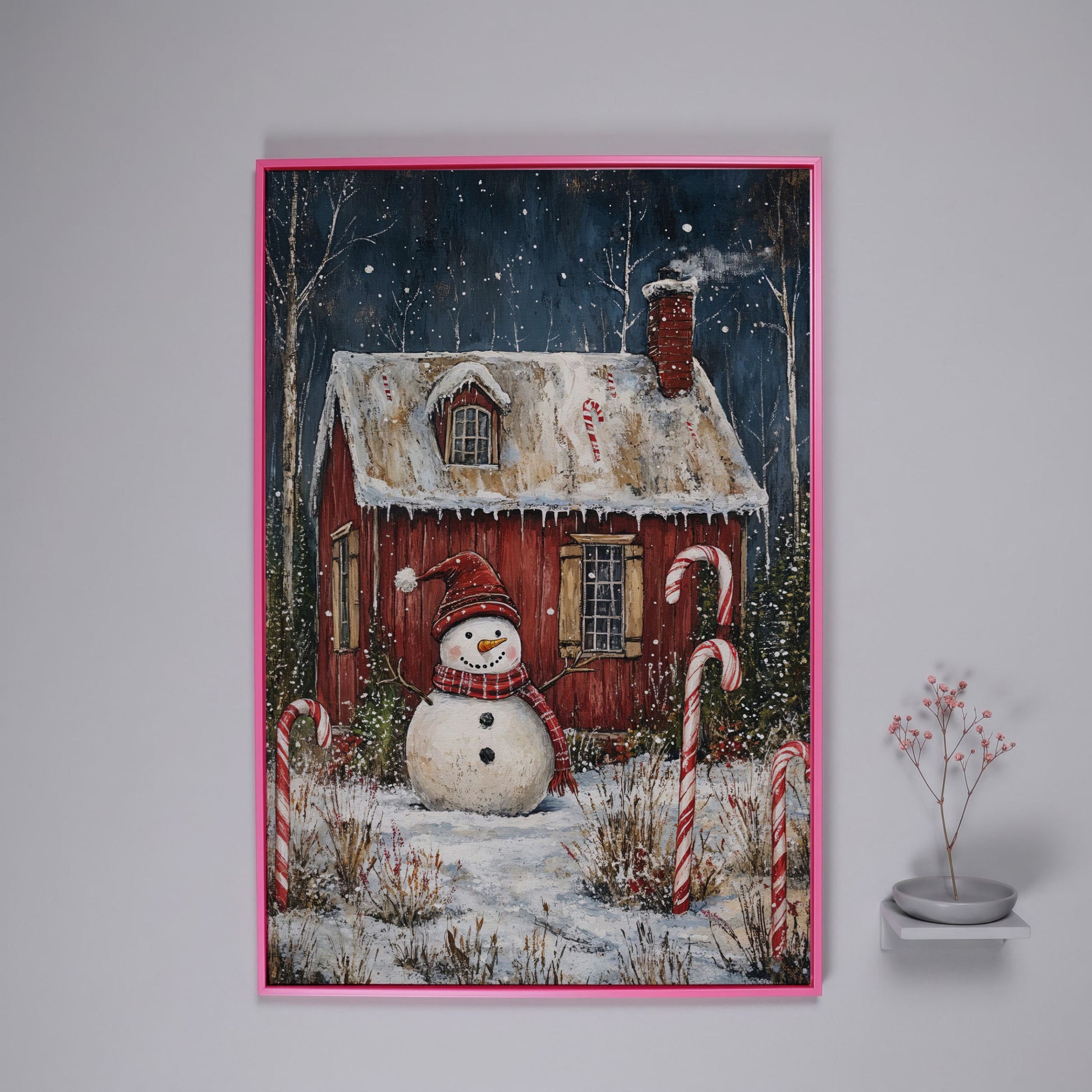 Festive Snowman Winter Scene Canvas Print in pink floating frame