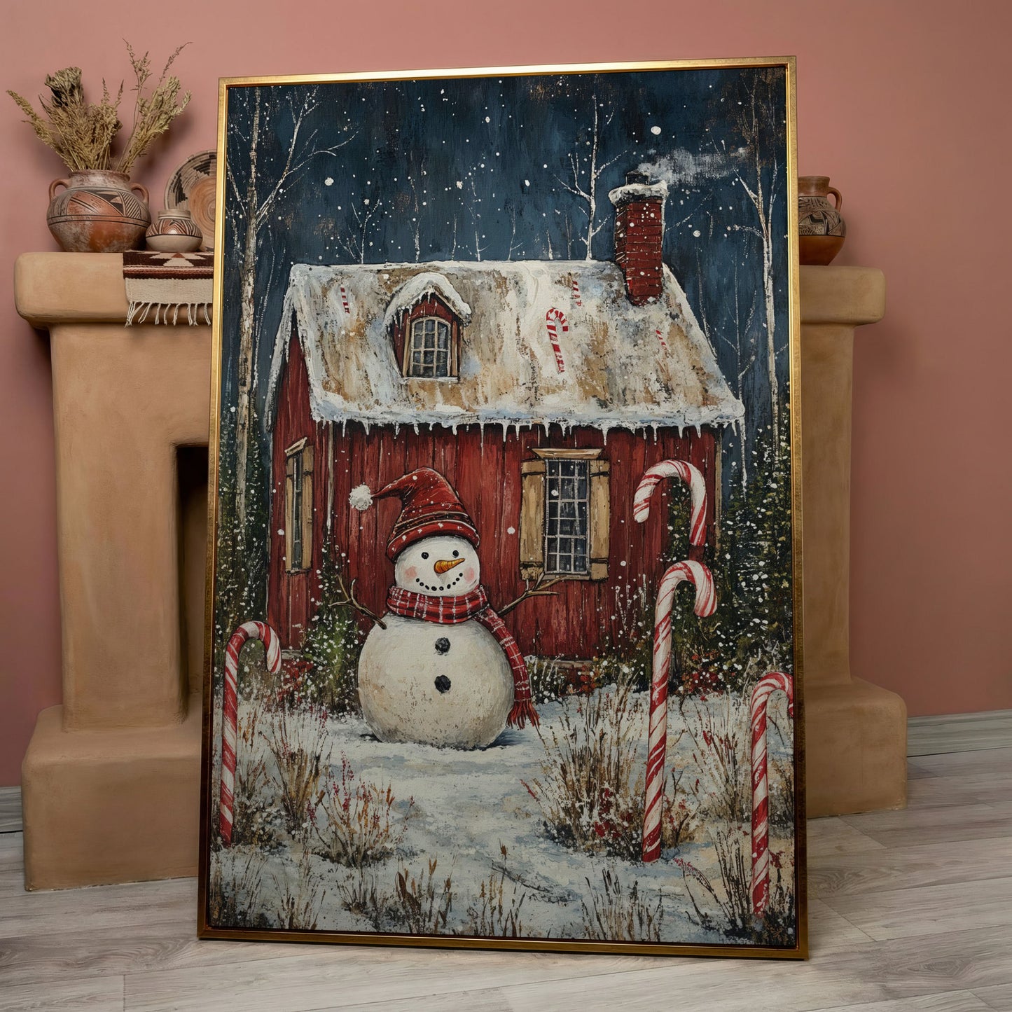 Festive Snowman Winter Scene Canvas Print in rose gold floating frame