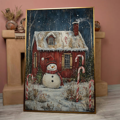 Festive Snowman Winter Scene Canvas Print in rose gold floating frame