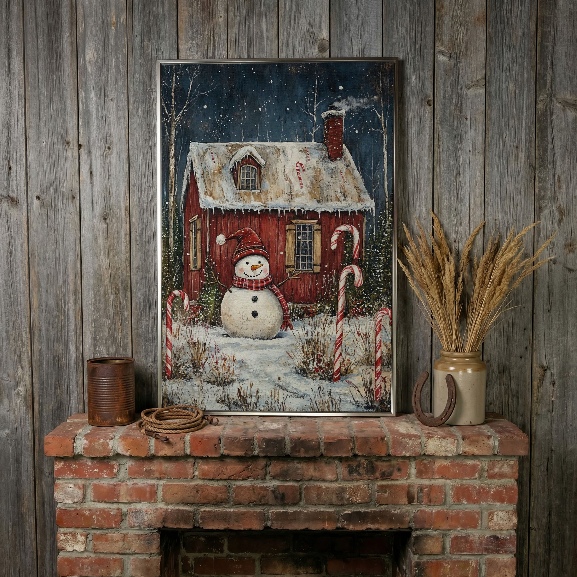 Festive Snowman Winter Scene Canvas Print in silver floating frame