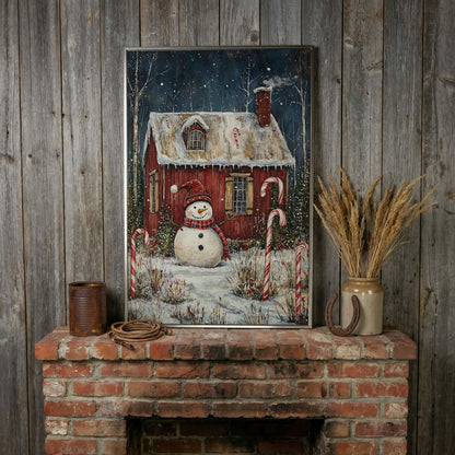 Festive Snowman Winter Scene Canvas Print in silver floating frame