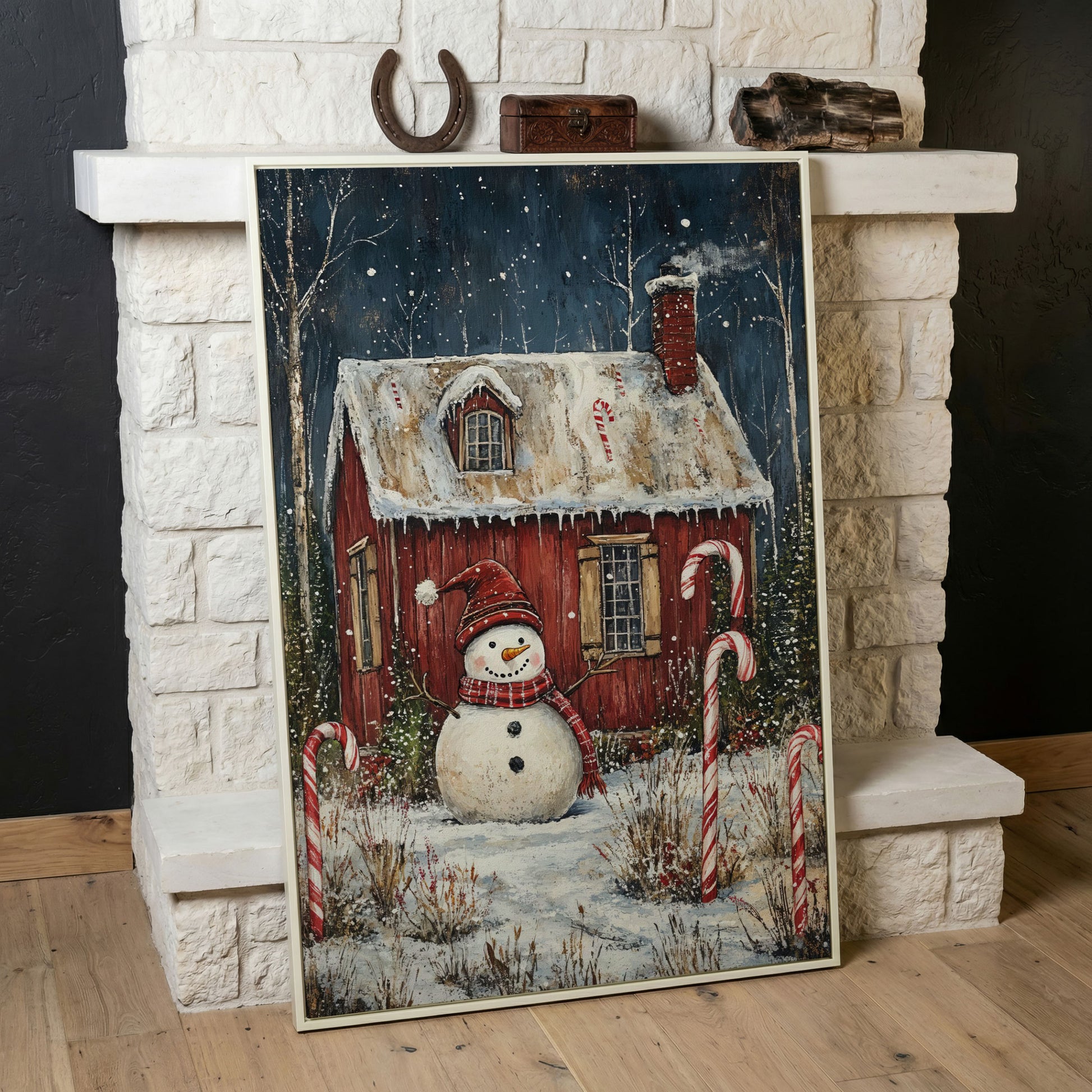Festive Snowman Winter Scene Canvas Print in white floating frame