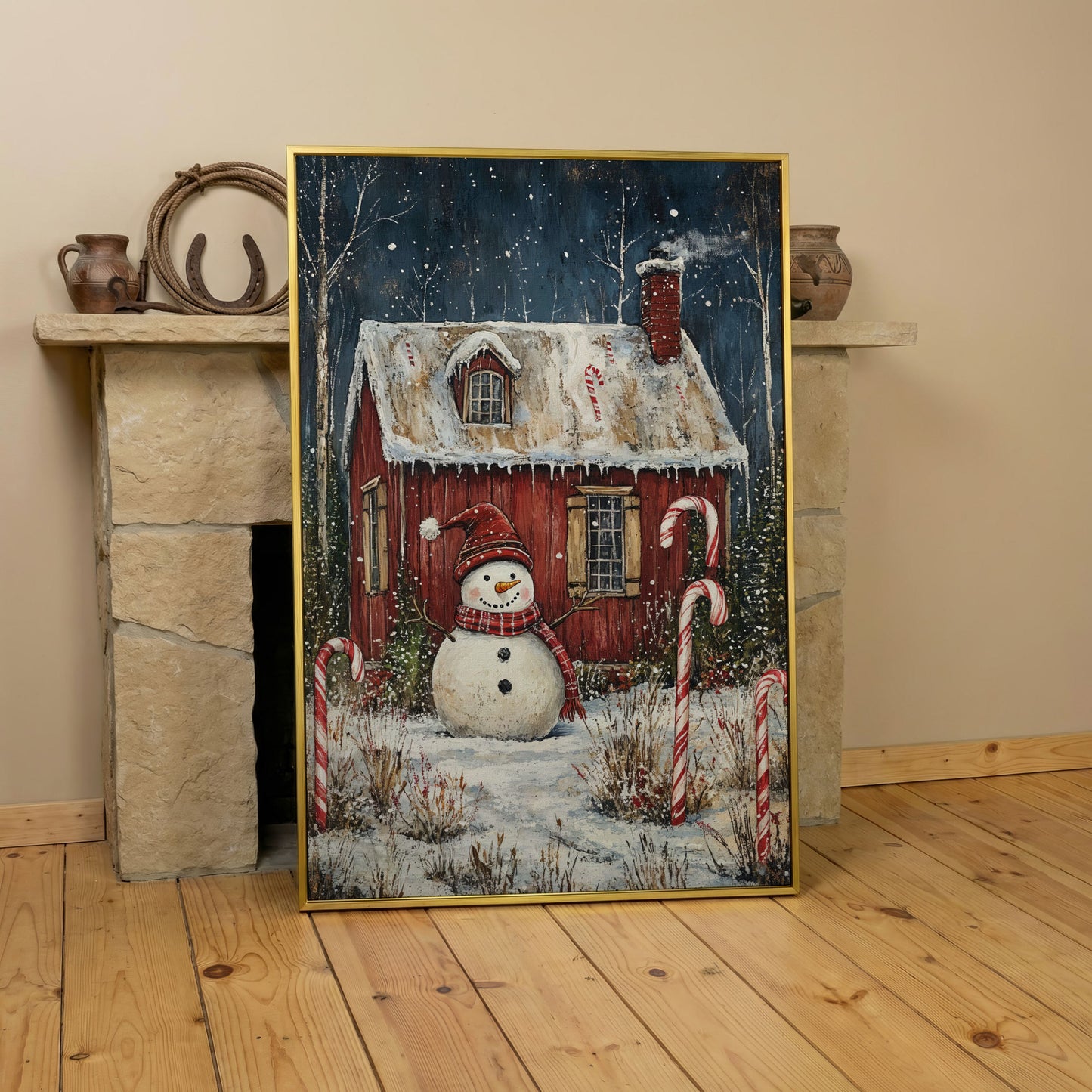 Festive Snowman Winter Scene Canvas Print in yellow gold floating frame