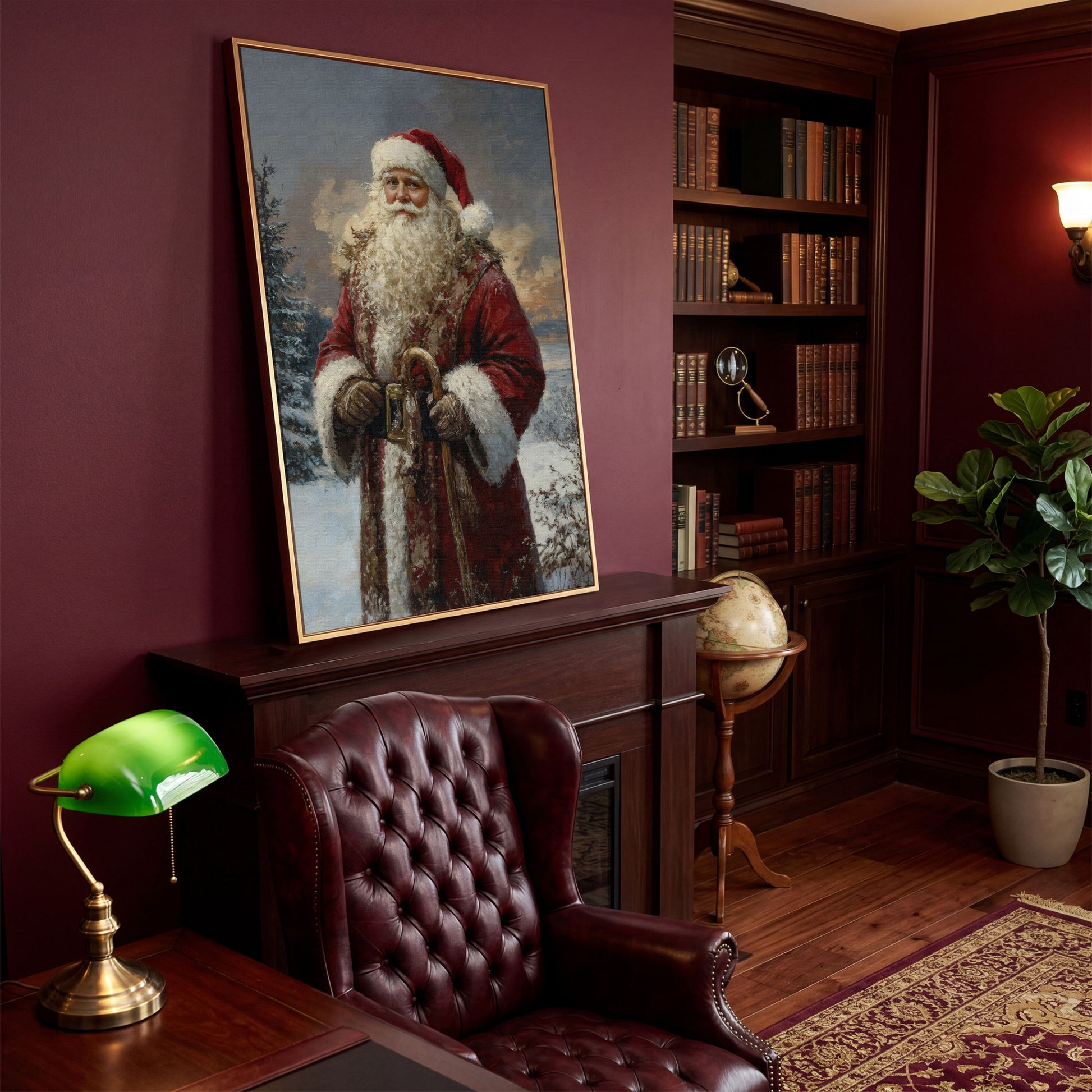Classic Santa Claus Winter Wonderland Canvas in antique gold floating frame