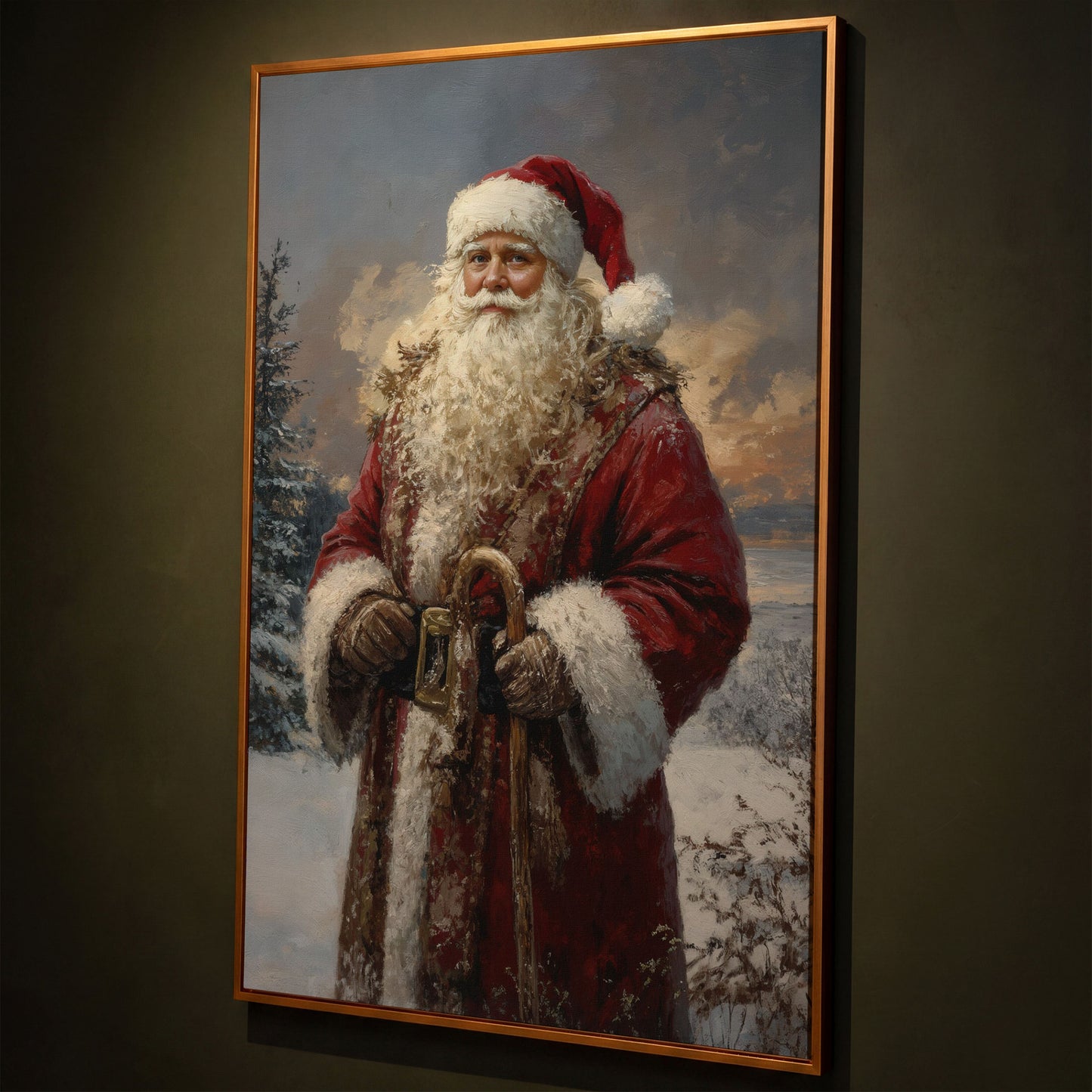 Classic Santa Claus Winter Wonderland Canvas shown in antique gold floating frame