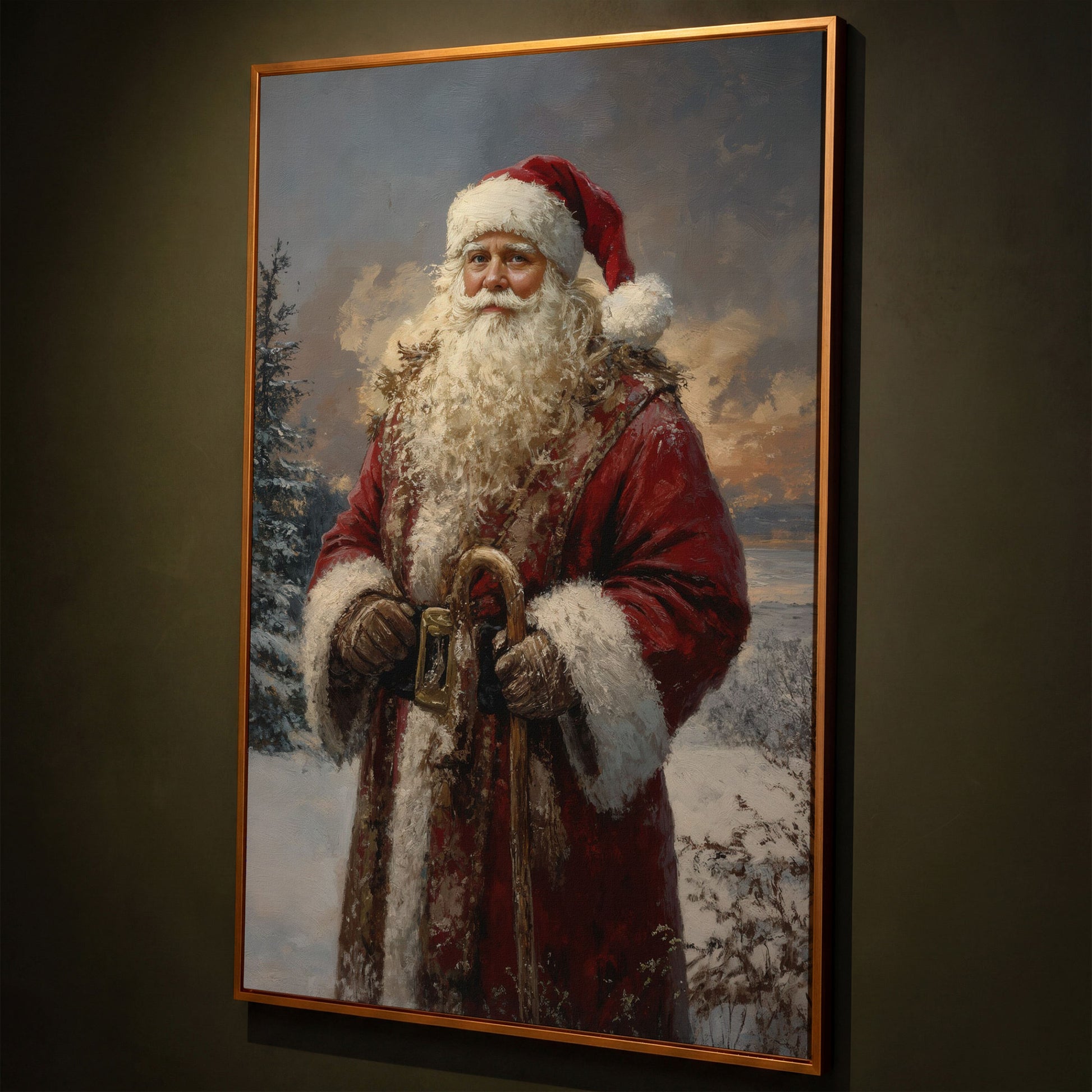 Classic Santa Claus Winter Wonderland Canvas shown in antique gold floating frame