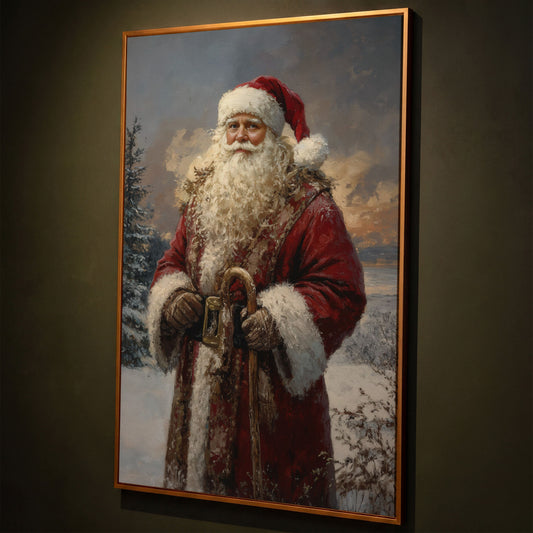 Classic Santa Claus Winter Wonderland Canvas shown in antique gold floating frame
