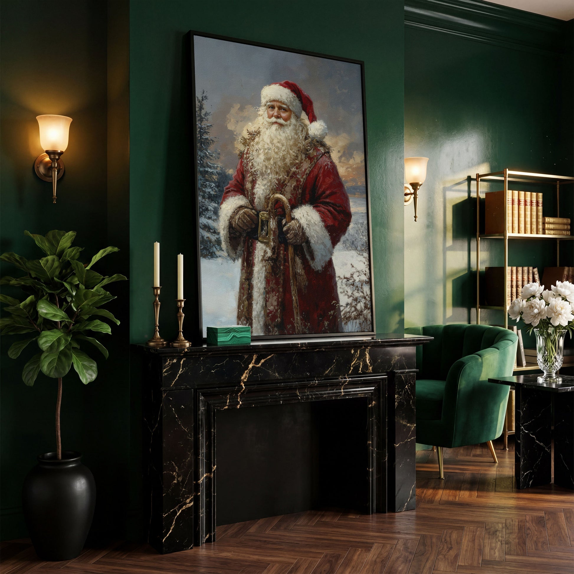 Classic Santa Claus Winter Wonderland Canvas in black floating frame