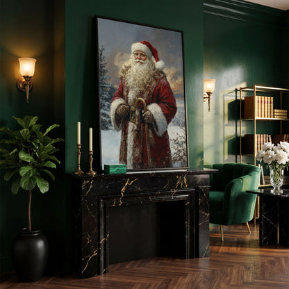 Classic Santa Claus Winter Wonderland Canvas in black floating frame