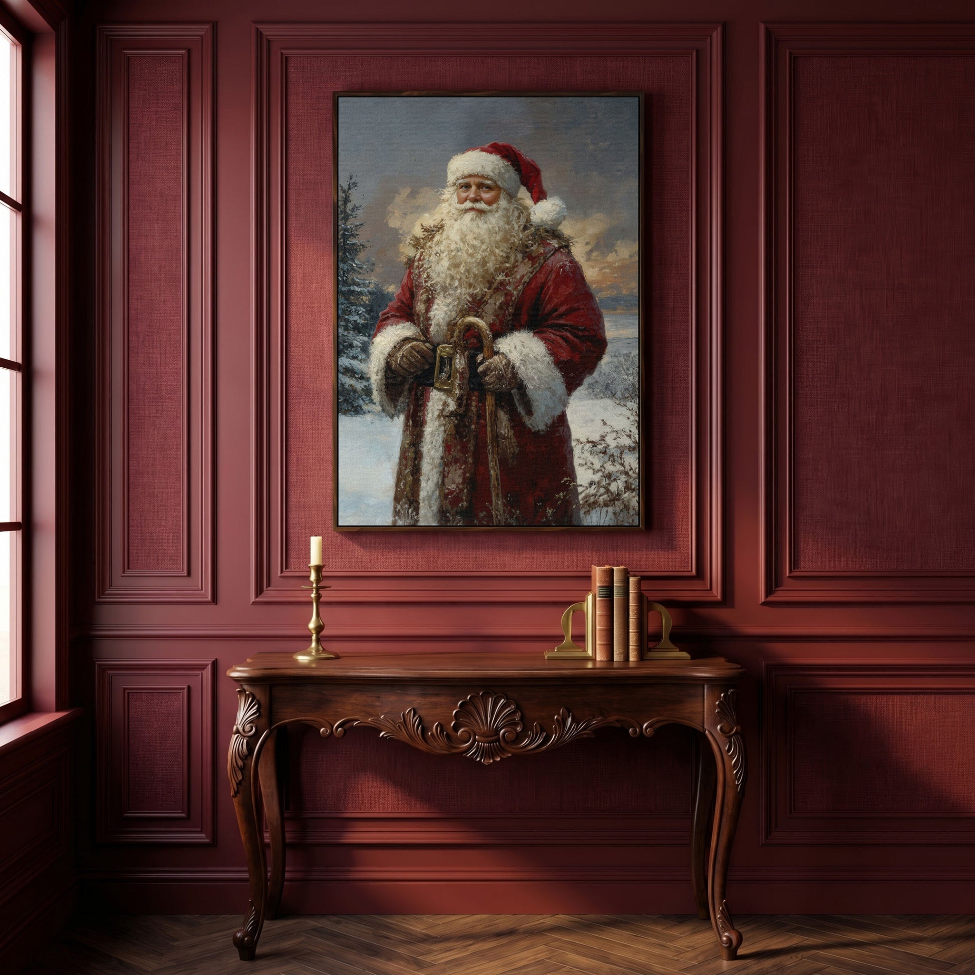 Classic Santa Claus Winter Wonderland Canvas in dark walnut floating frame