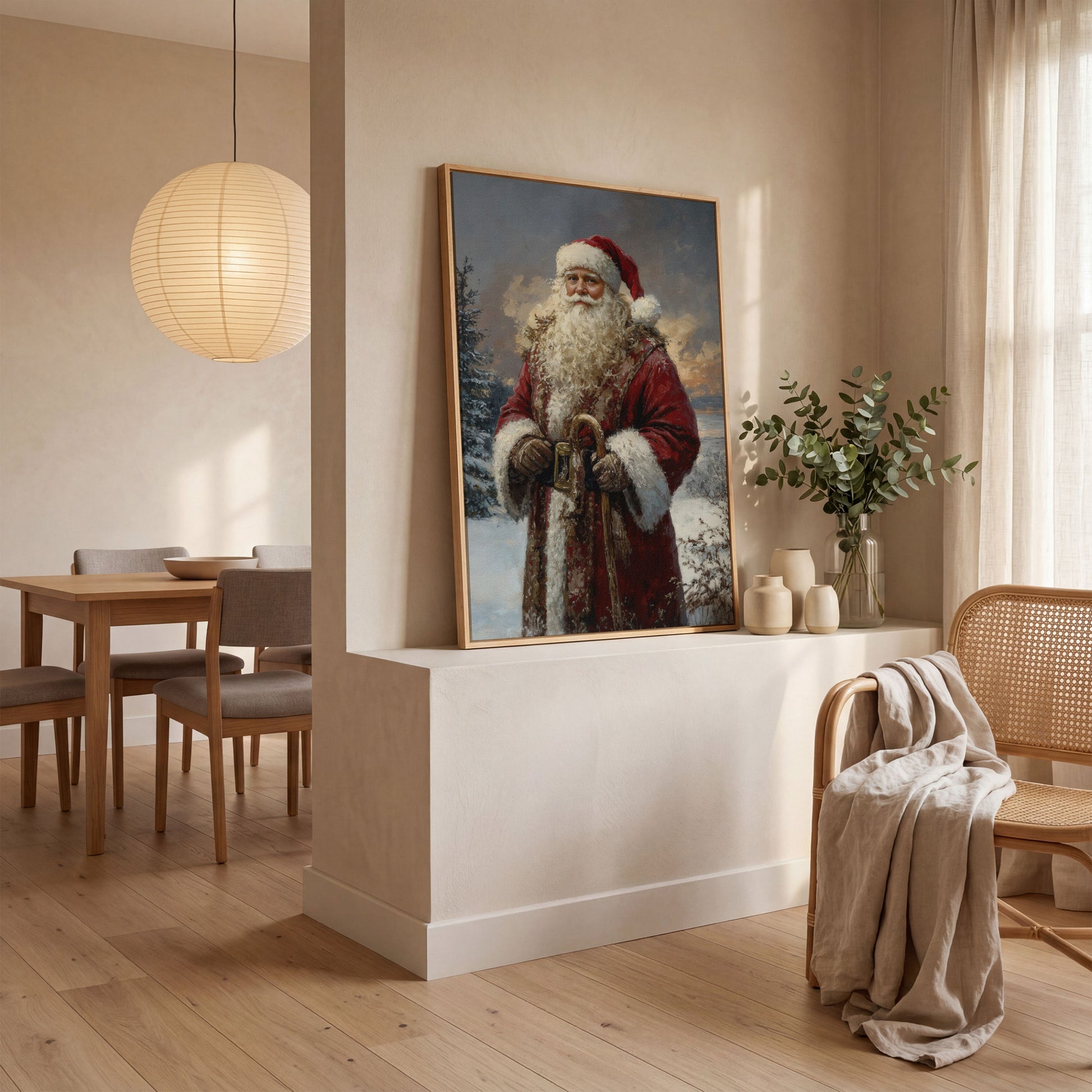 Classic Santa Claus Winter Wonderland Canvas in white oak floating frame