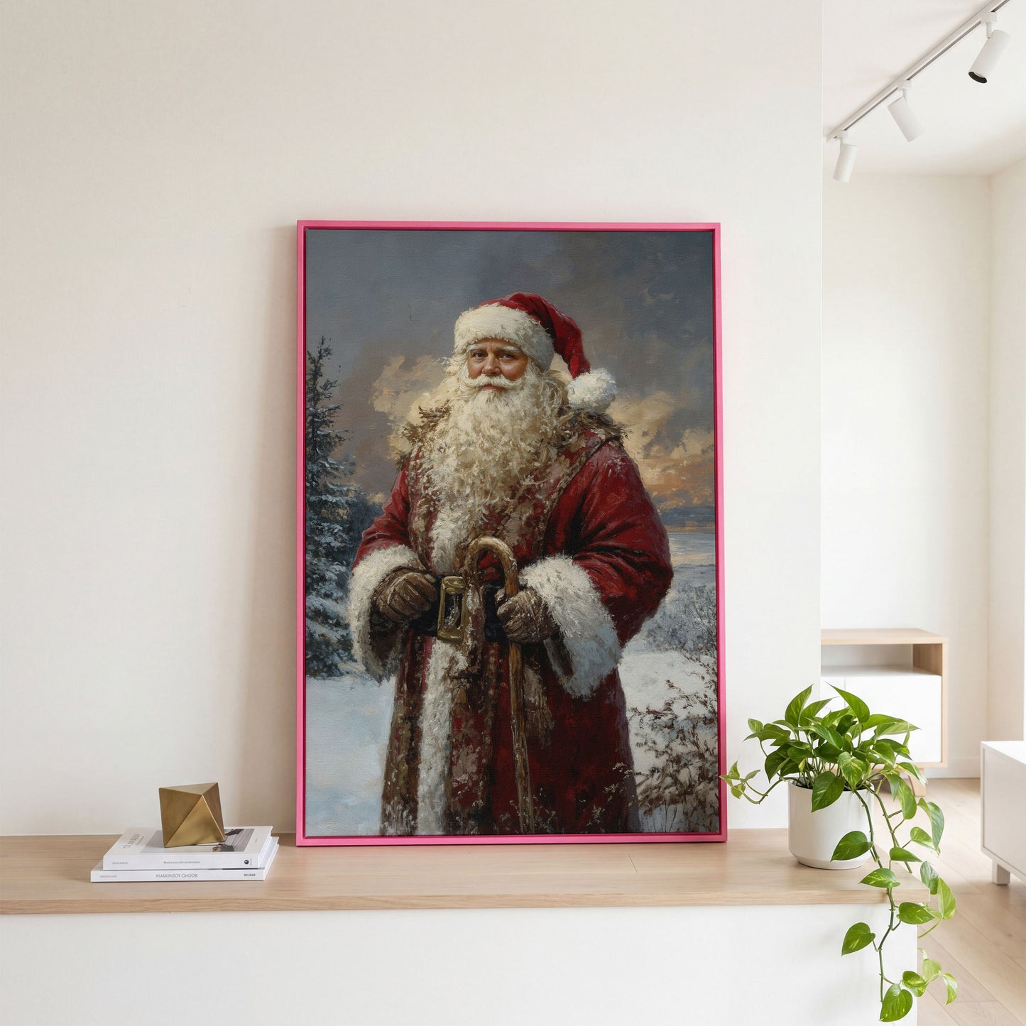 Classic Santa Claus Winter Wonderland Canvas in pink floating frame
