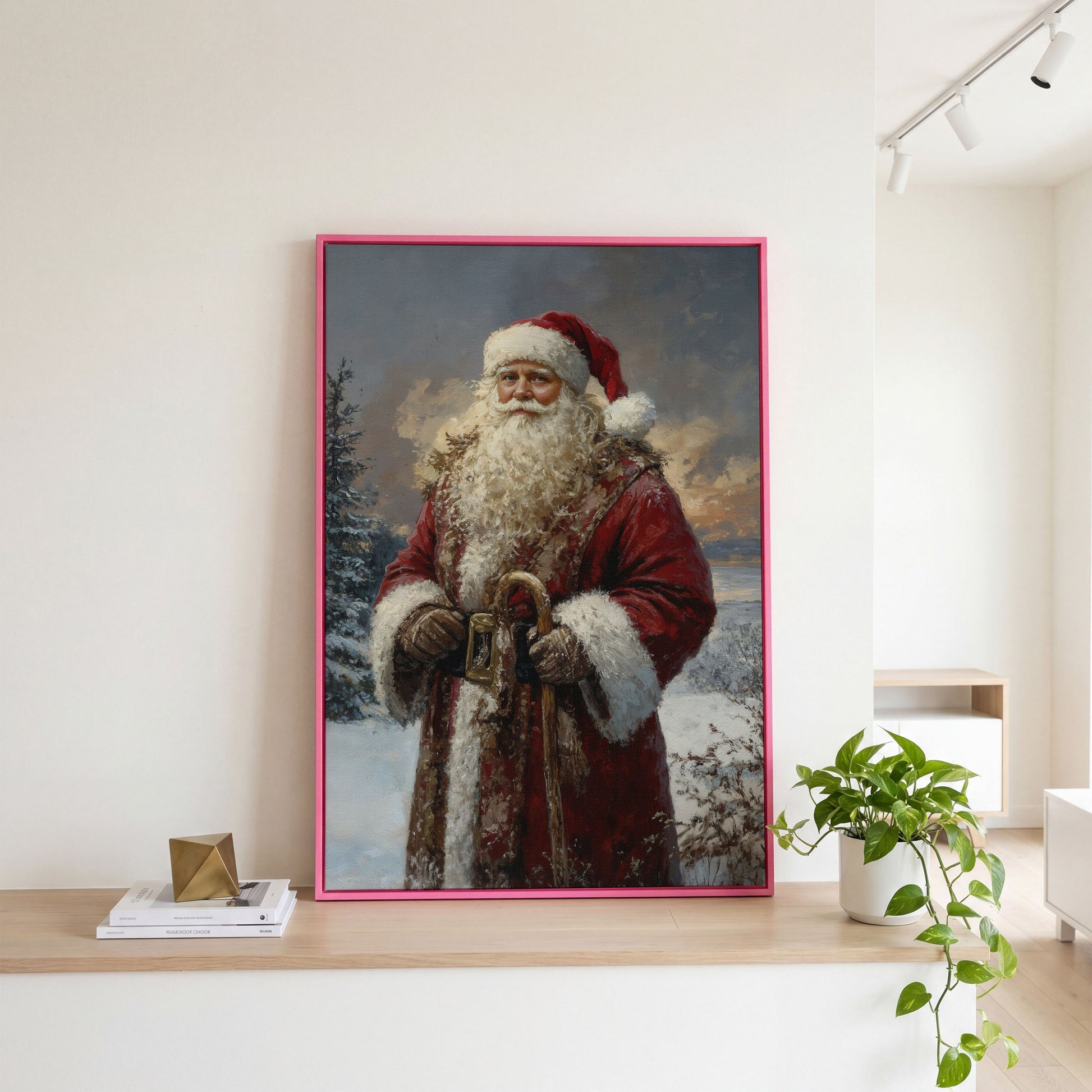Classic Santa Claus Winter Wonderland Canvas in pink floating frame