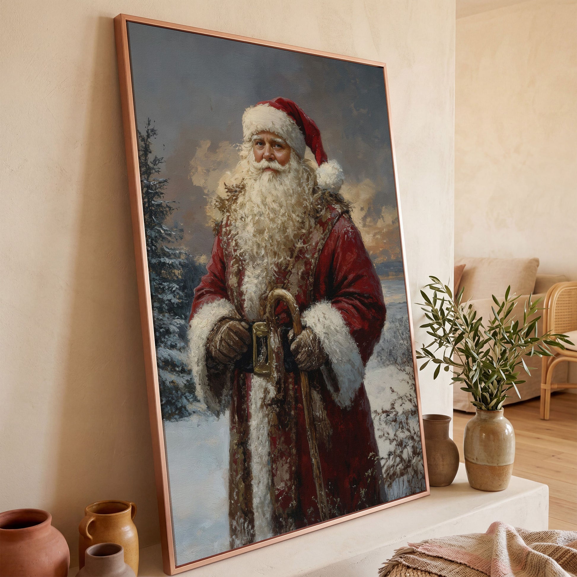 Classic Santa Claus Winter Wonderland Canvas in rose gold floating frame