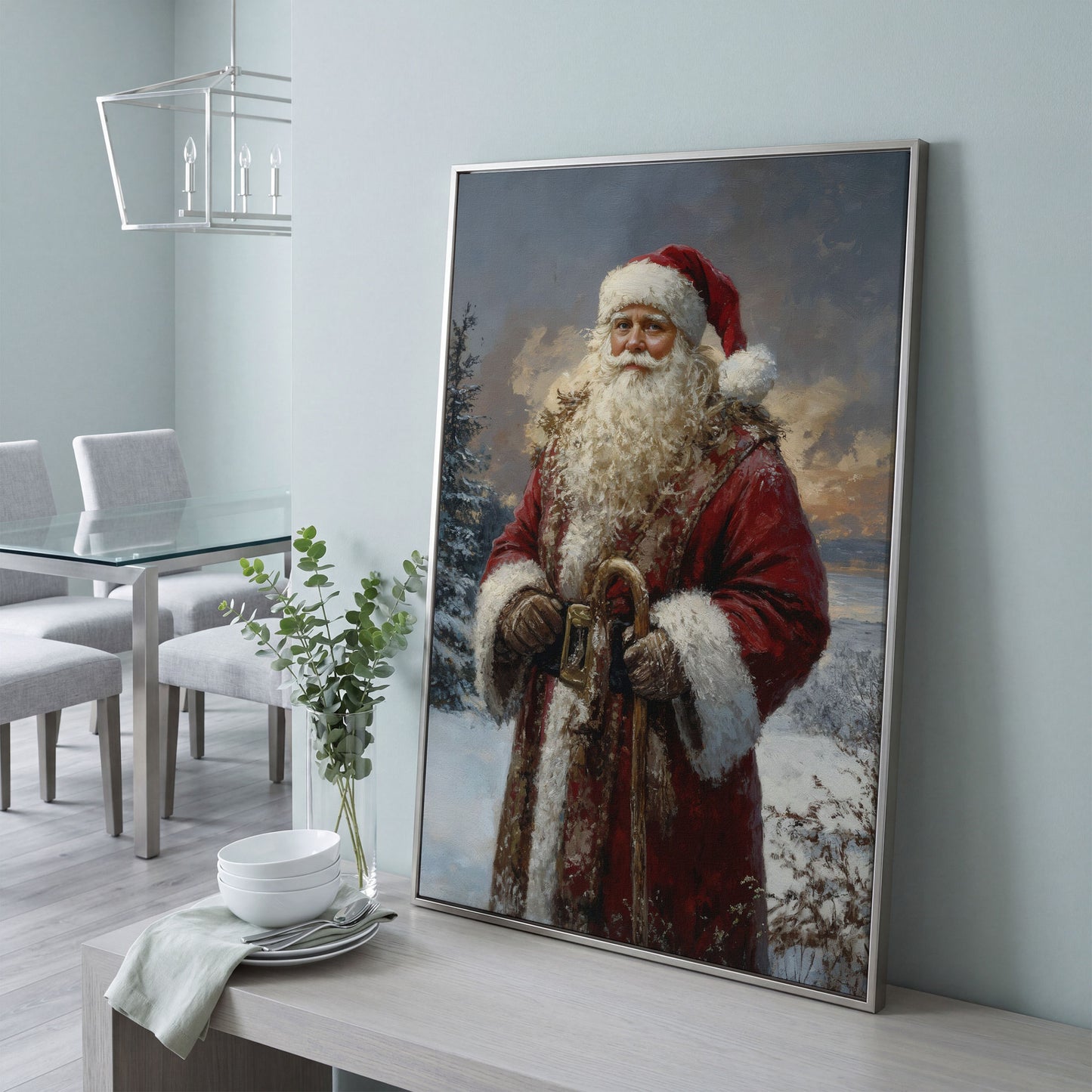 Classic Santa Claus Winter Wonderland Canvas in silver floating frame