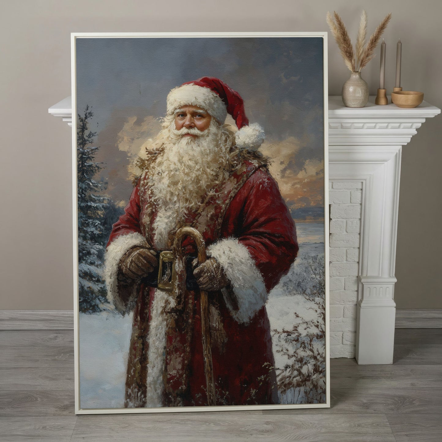 Classic Santa Claus Winter Wonderland Canvas in white floating frame