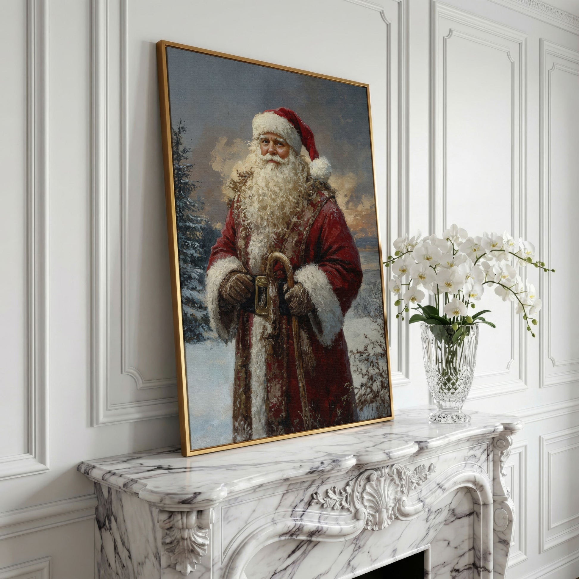 Classic Santa Claus Winter Wonderland Canvas in yellow gold floating frame
