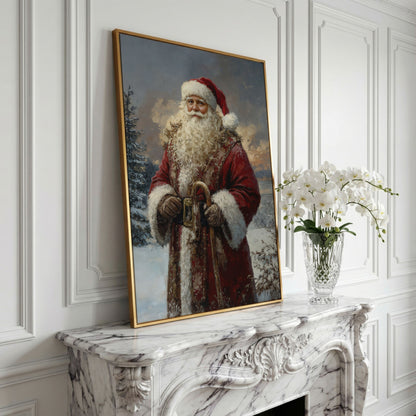 Classic Santa Claus Winter Wonderland Canvas in yellow gold floating frame