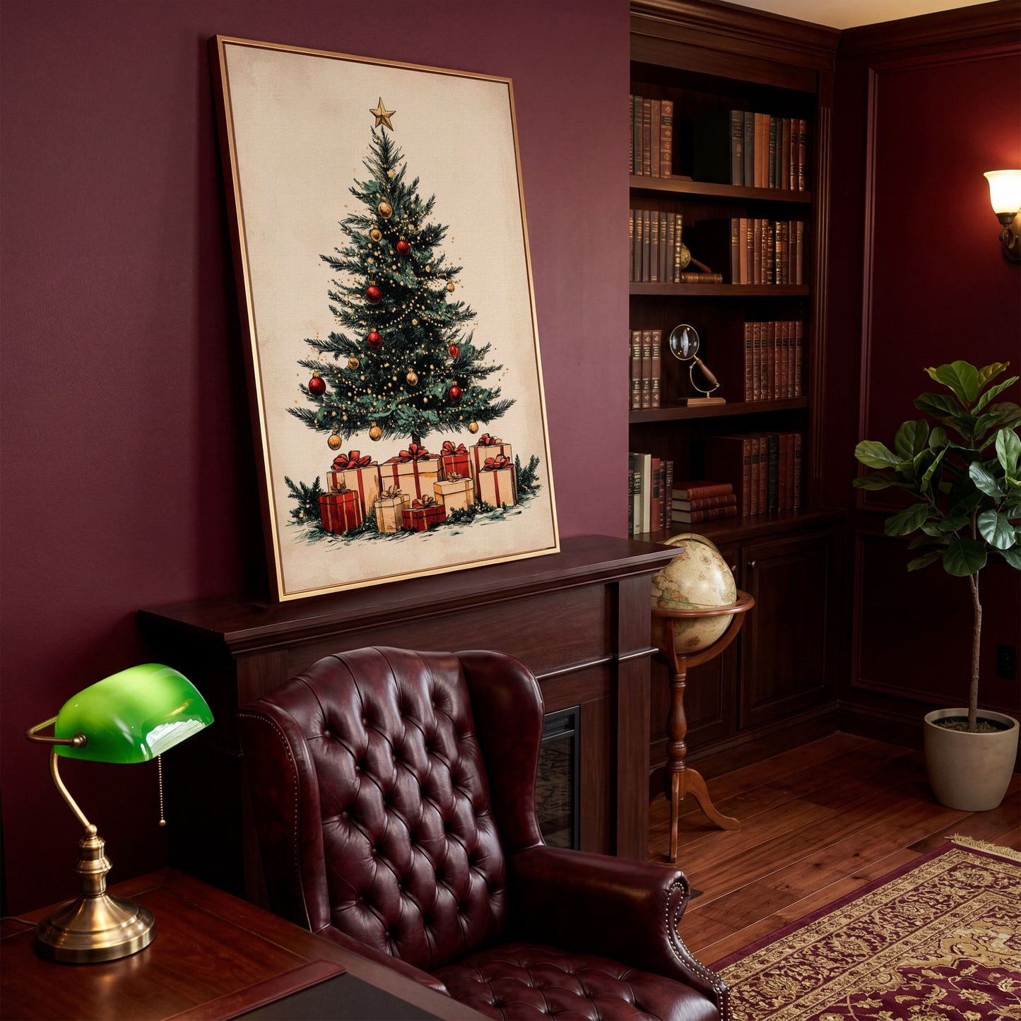 Christmas Gifts & Watercolor Tree Canvas Print in antique gold floating frame