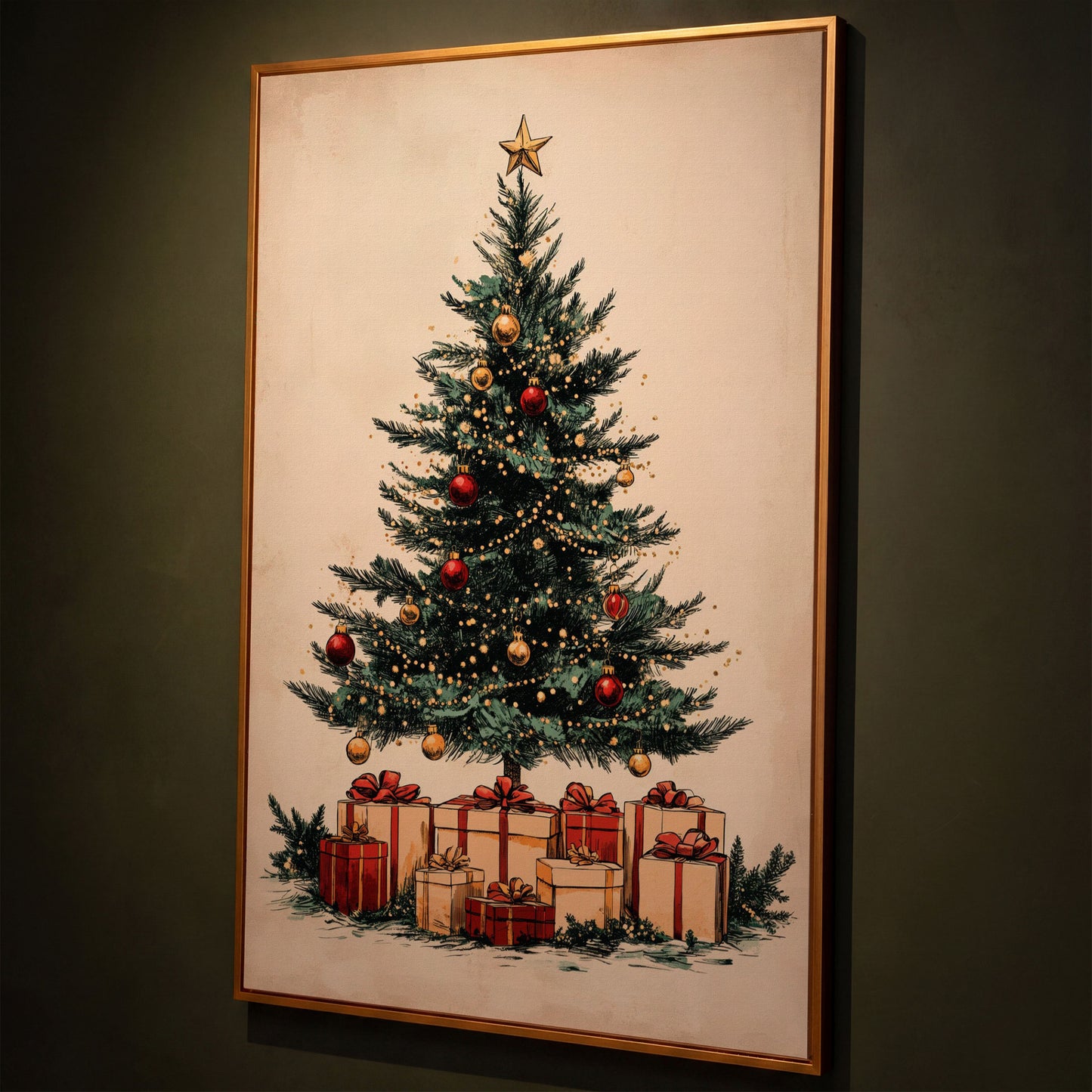 Christmas Gifts & Watercolor Tree Canvas Print shown in antique gold floating frame