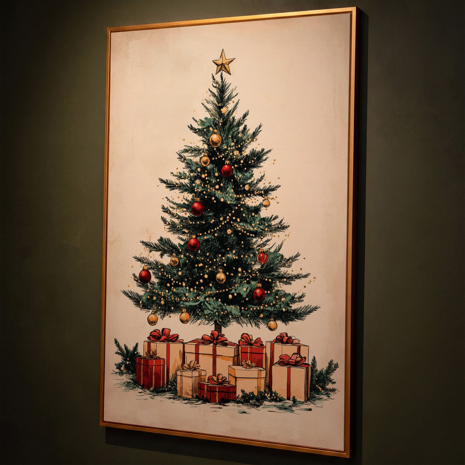 Christmas Gifts & Watercolor Tree Canvas Print shown in antique gold floating frame