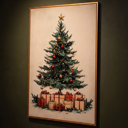 Christmas Gifts & Watercolor Tree Canvas Print shown in antique gold floating frame