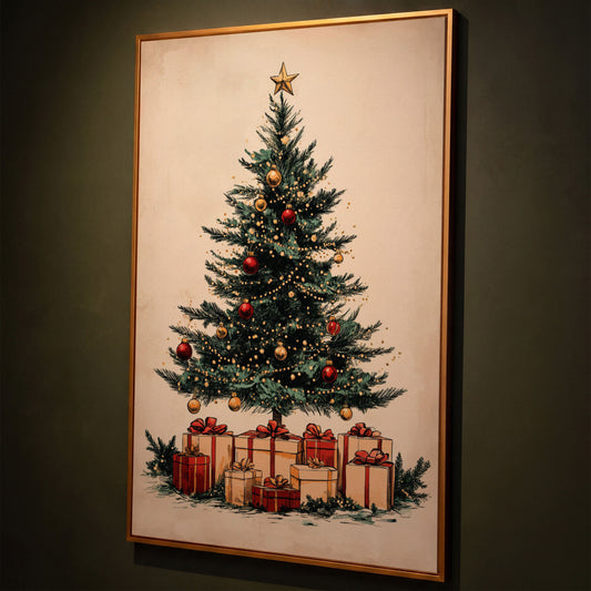 Christmas Gifts & Watercolor Tree Canvas Print shown in antique gold floating frame