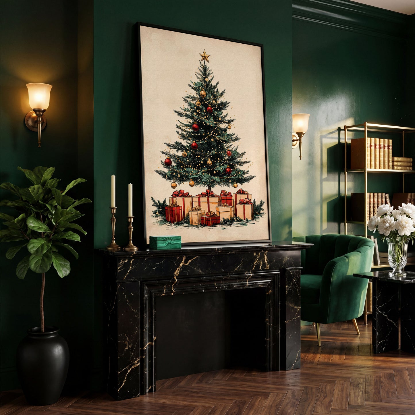 Christmas Gifts & Watercolor Tree Canvas Print in black floating frame