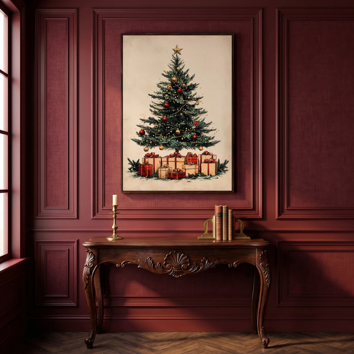 Christmas Gifts & Watercolor Tree Canvas Print in dark walnut floating frame