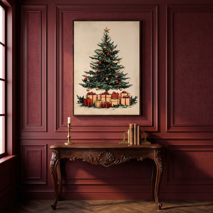 Christmas Gifts & Watercolor Tree Canvas Print in dark walnut floating frame