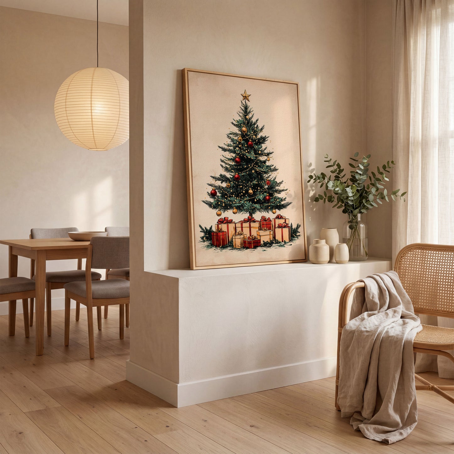 Christmas Gifts & Watercolor Tree Canvas Print in white oak floating frame