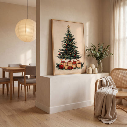 Christmas Gifts & Watercolor Tree Canvas Print in white oak floating frame