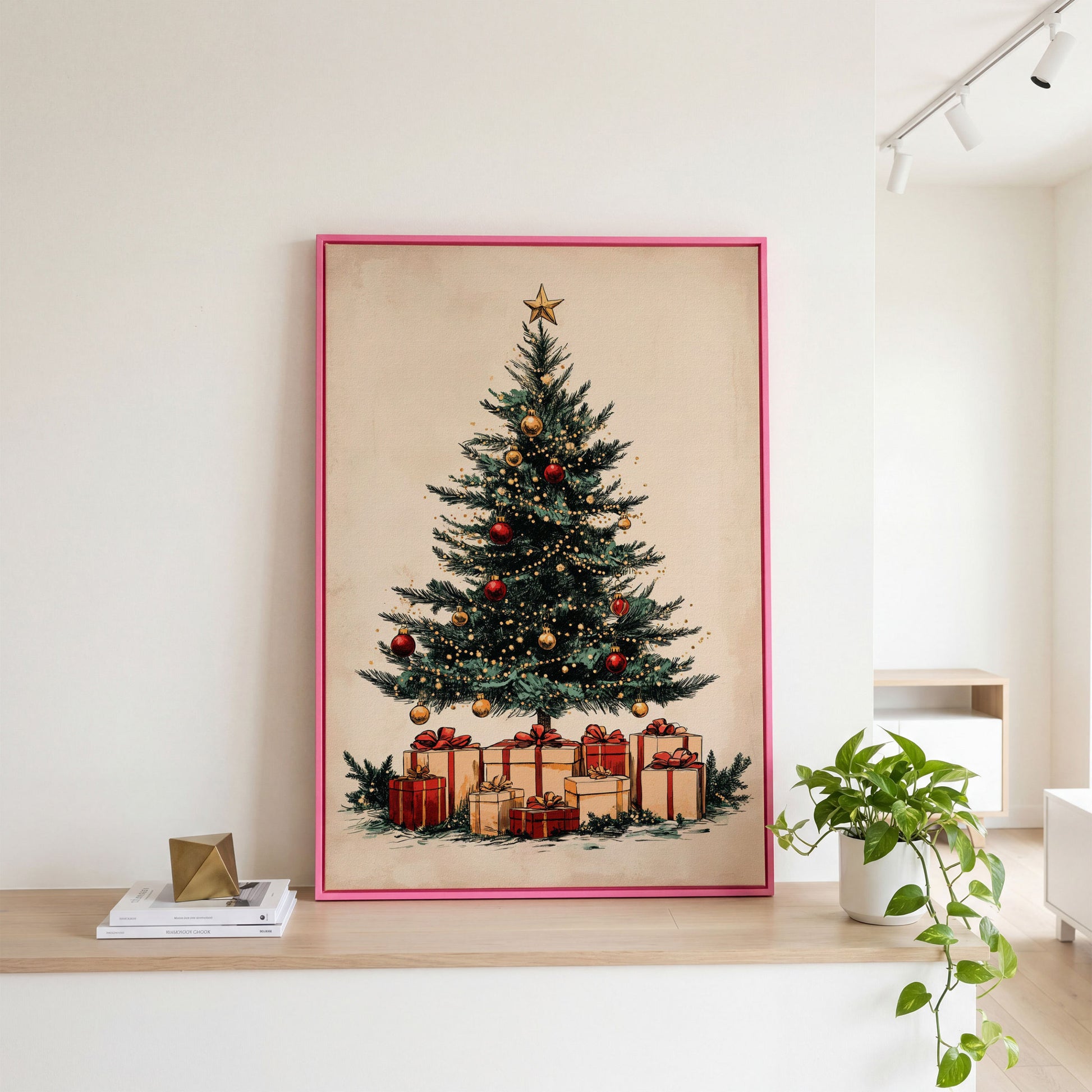 Christmas Gifts & Watercolor Tree Canvas Print in pink floating frame