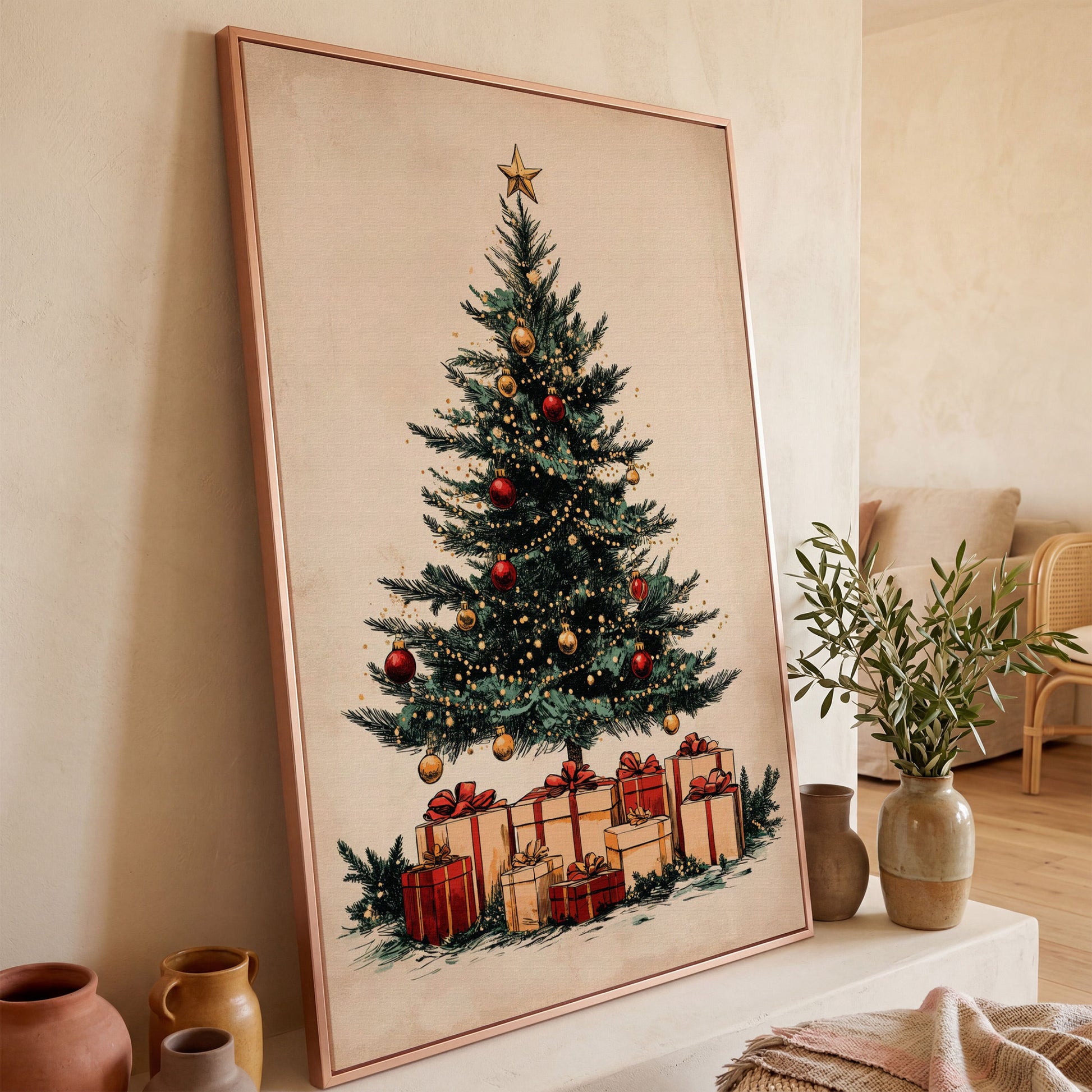 Christmas Gifts & Watercolor Tree Canvas Print in rose gold floating frame