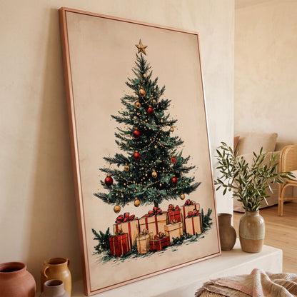 Christmas Gifts & Watercolor Tree Canvas Print in rose gold floating frame