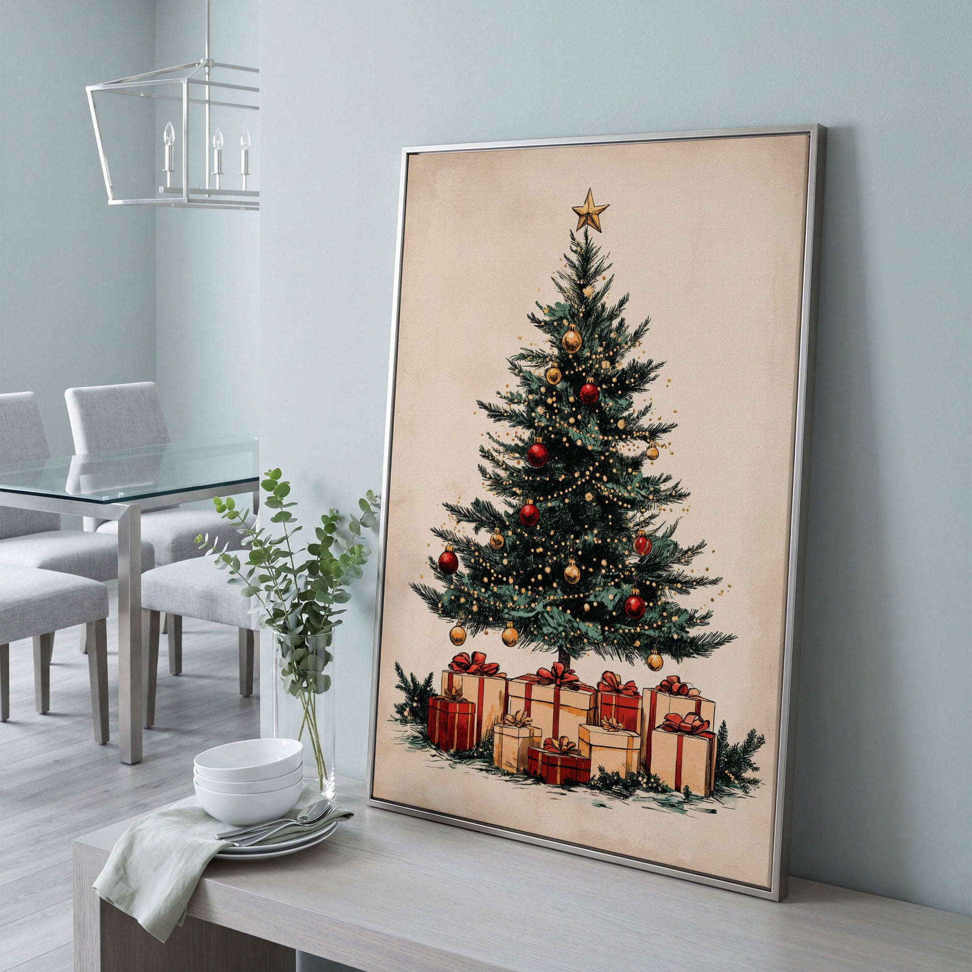Christmas Gifts & Watercolor Tree Canvas Print in silver floating frame