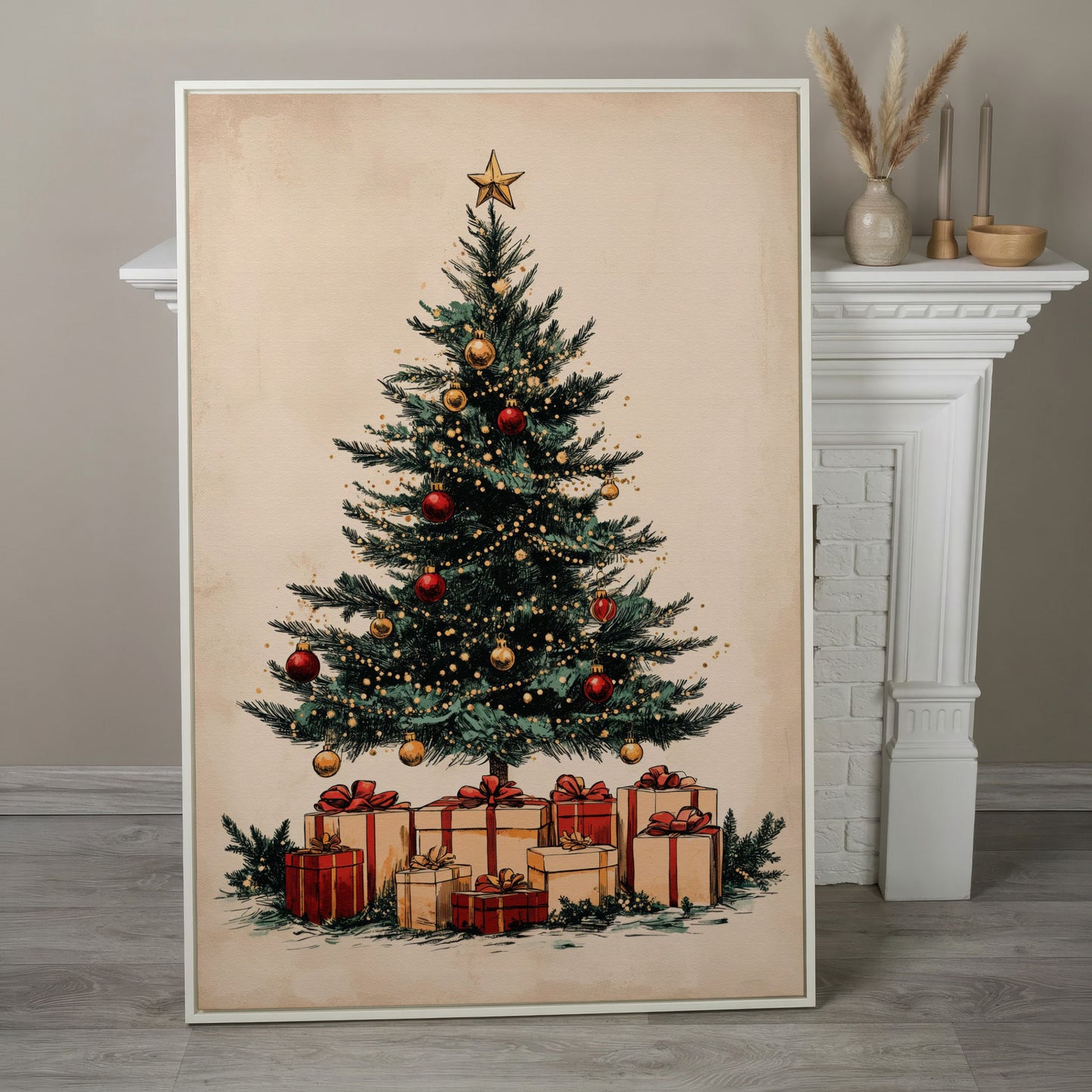 Christmas Gifts & Watercolor Tree Canvas Print in white floating frame