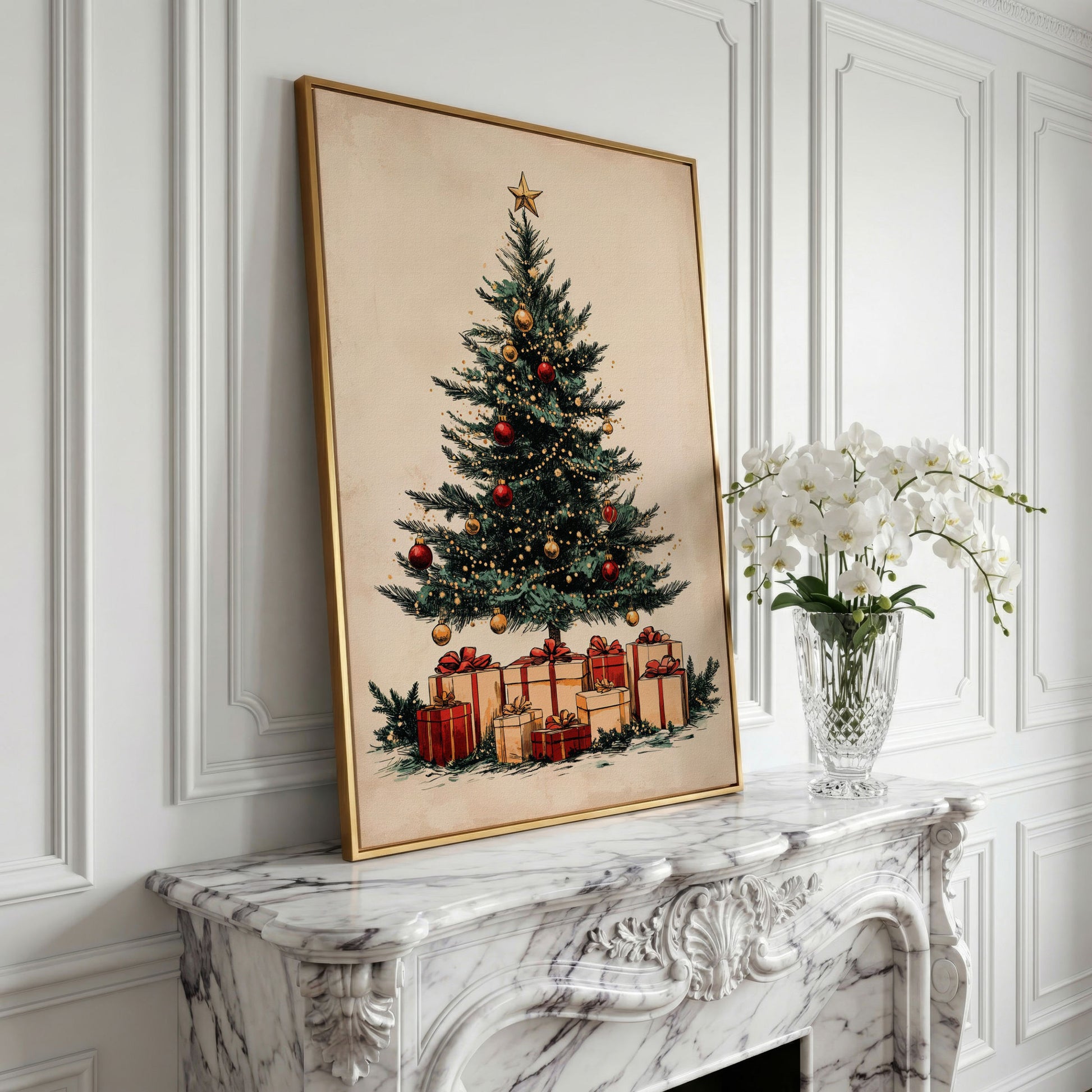 Christmas Gifts & Watercolor Tree Canvas Print in yellow gold floating frame