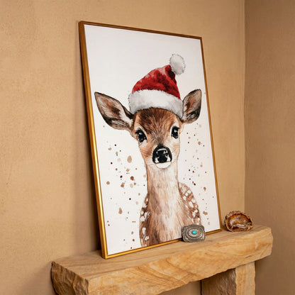 Reindeer in Santa Hat Canvas Print in antique gold floating frame