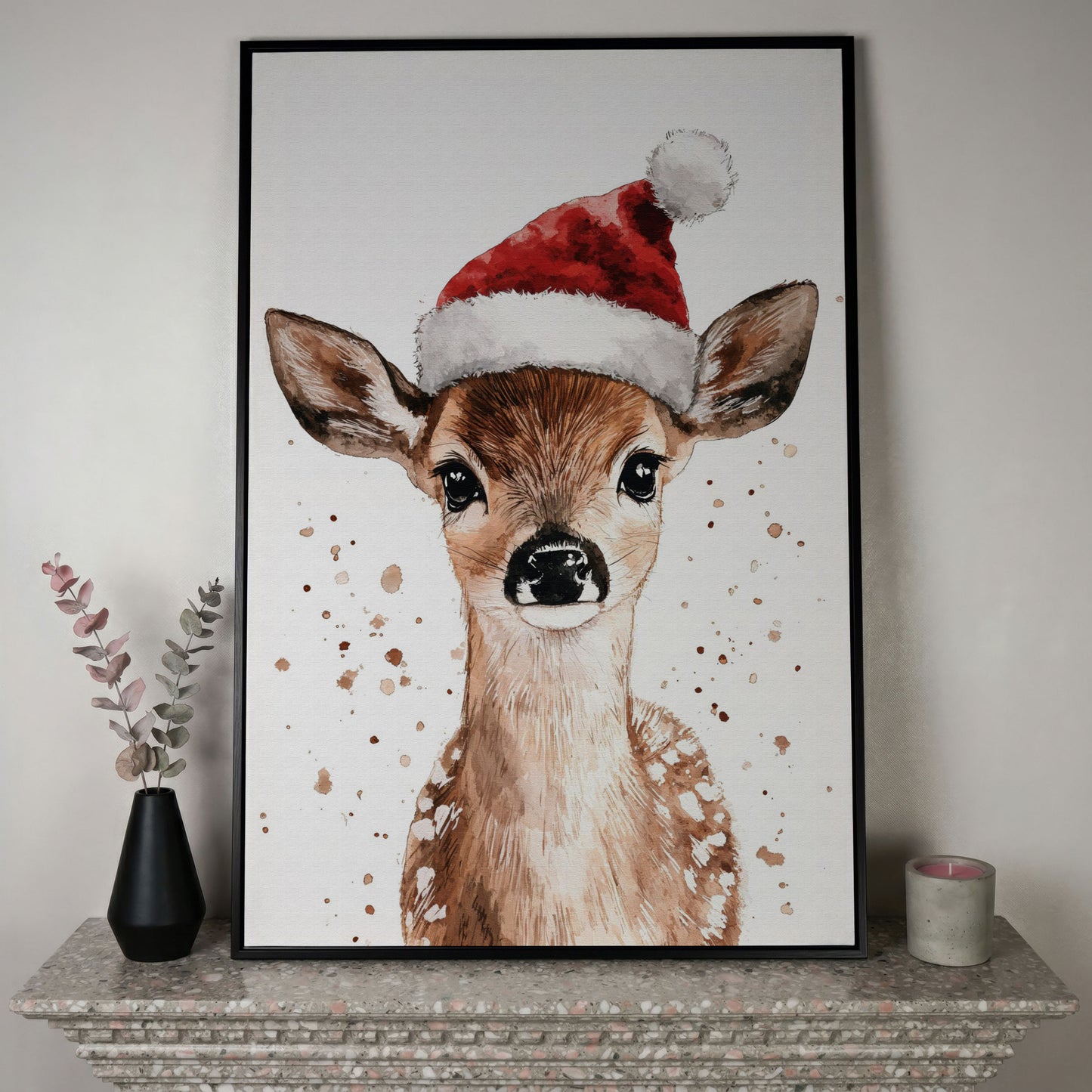 Reindeer in Santa Hat Canvas Print in black floating frame