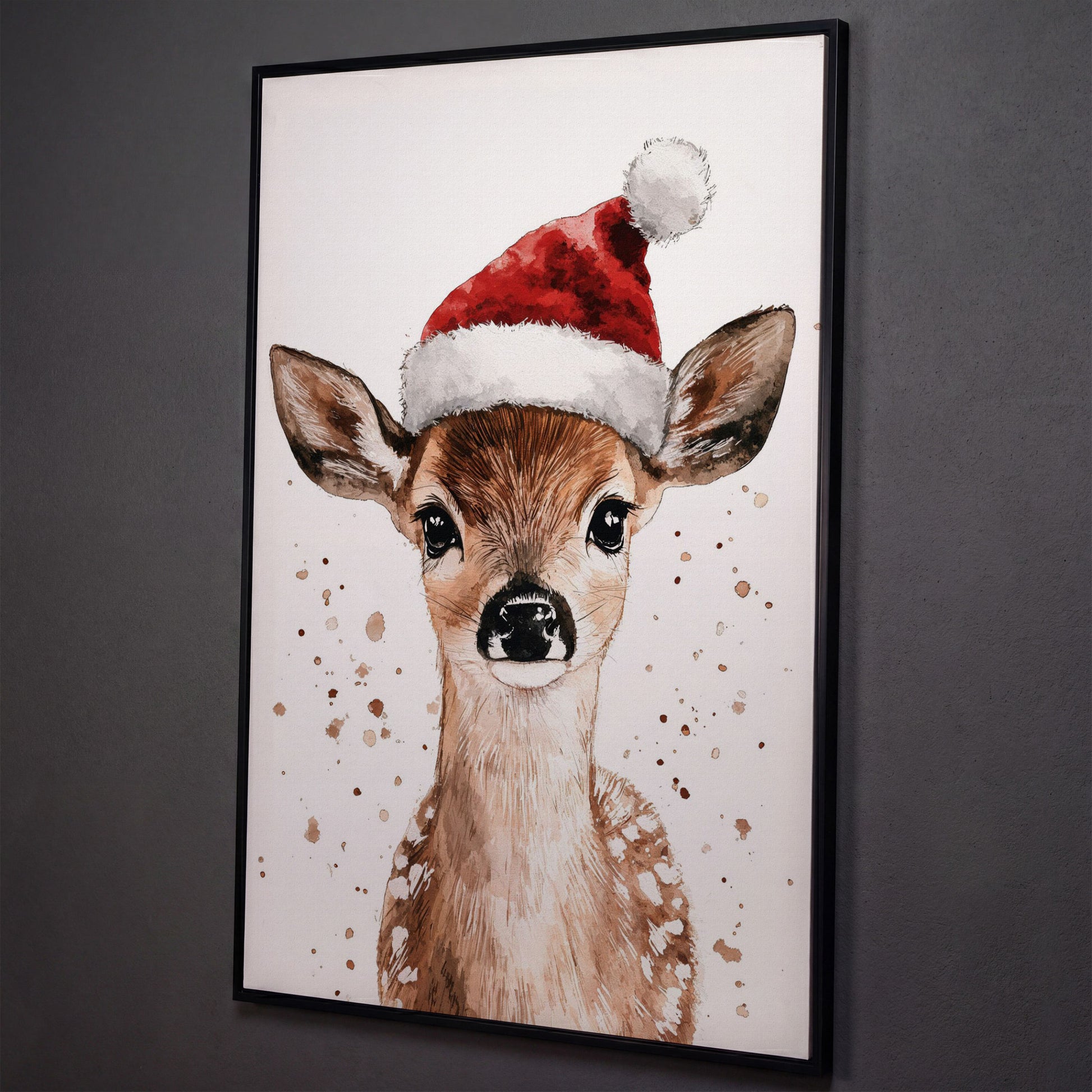 Reindeer in Santa Hat Canvas Print shown in black floating frame