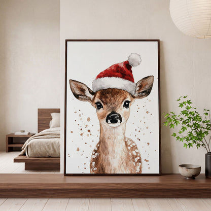 Reindeer in Santa Hat Canvas Print in dark walnut floating frame