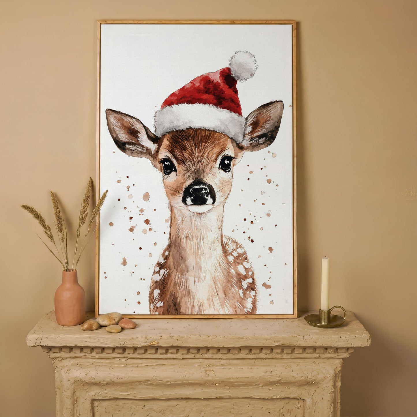Reindeer in Santa Hat Canvas Print in white oak floating frame