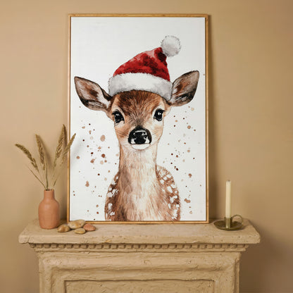 Reindeer in Santa Hat Canvas Print in white oak floating frame