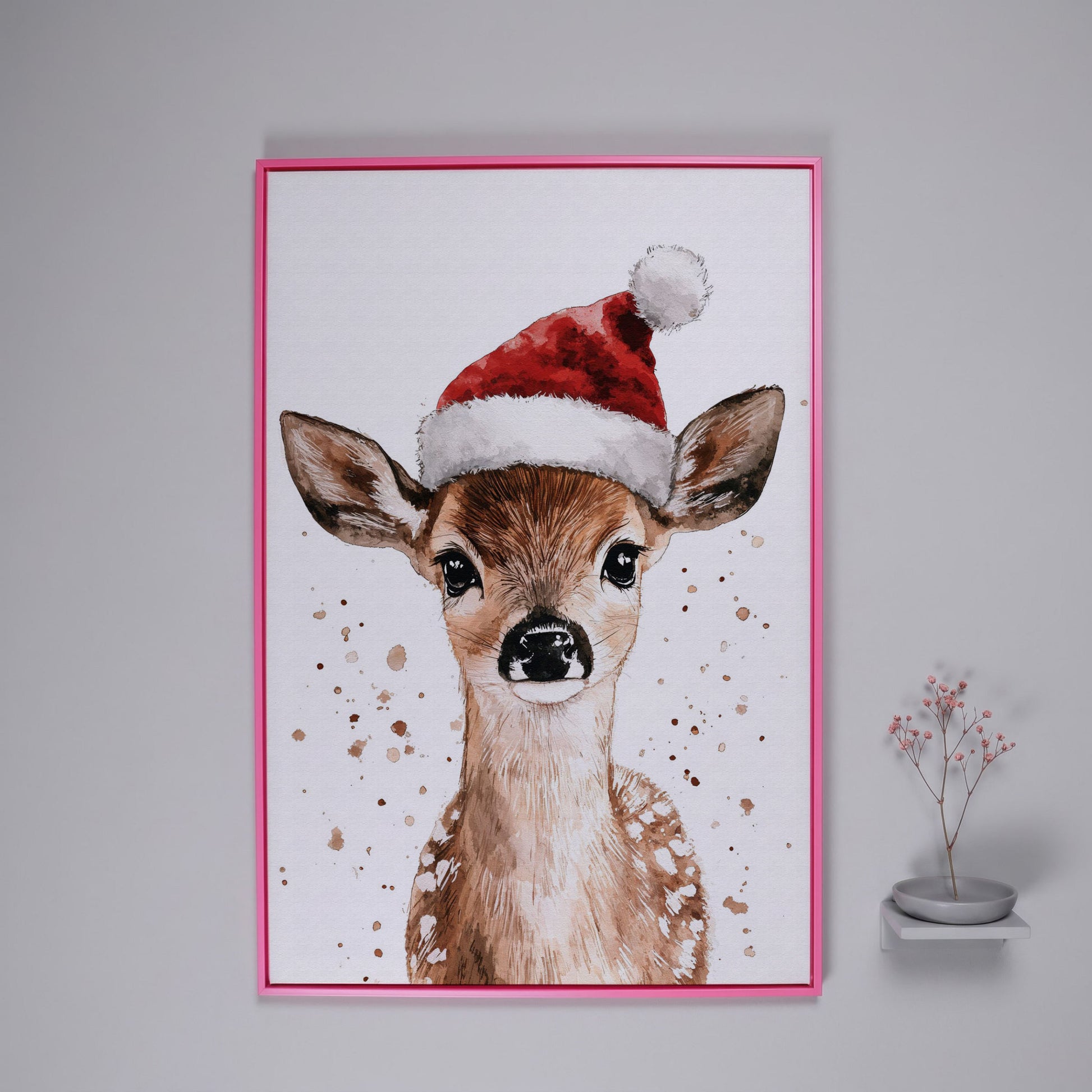 Reindeer in Santa Hat Canvas Print in pink floating frame