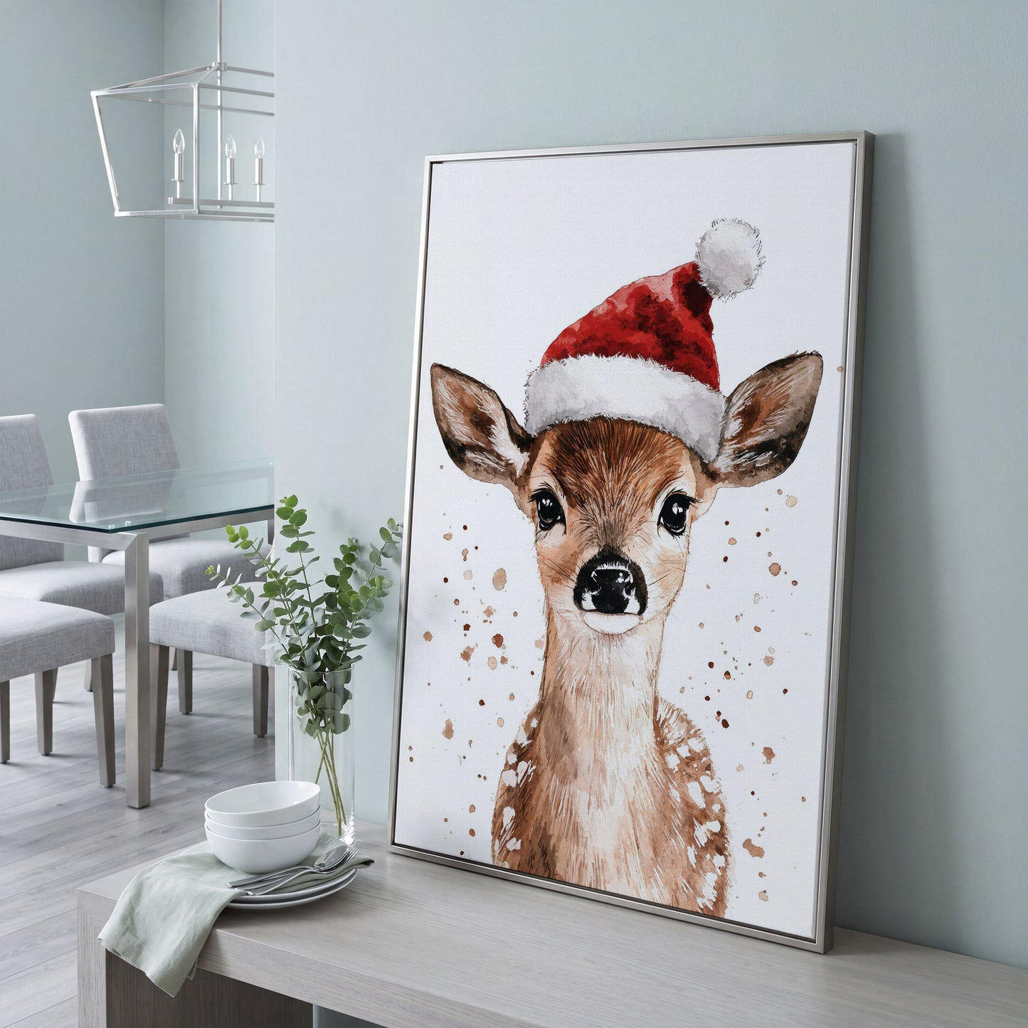 Reindeer in Santa Hat Canvas Print in silver floating frame