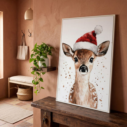 Reindeer in Santa Hat Canvas Print in white floating frame