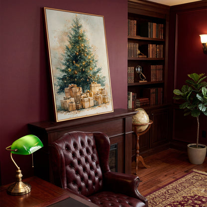 Christmas Tree Canvas in Teal and Gold Watercolor in antique gold floating frame