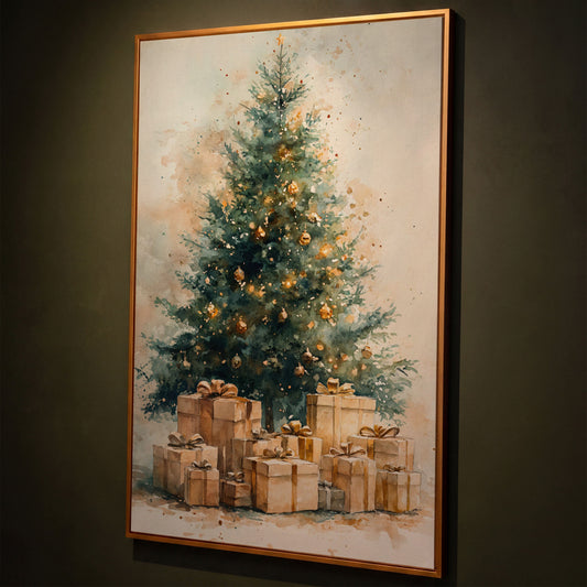 Christmas Tree Canvas in Teal and Gold Watercolor shown in antique gold floating frame
