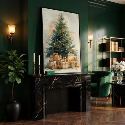 Christmas Tree Canvas in Teal and Gold Watercolor in black floating frame